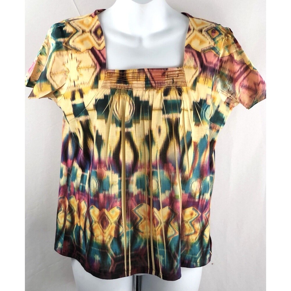 Style & Co Colorful BoHo top M yellow tie-dye pleated Cap Sleeve Hippie Festival